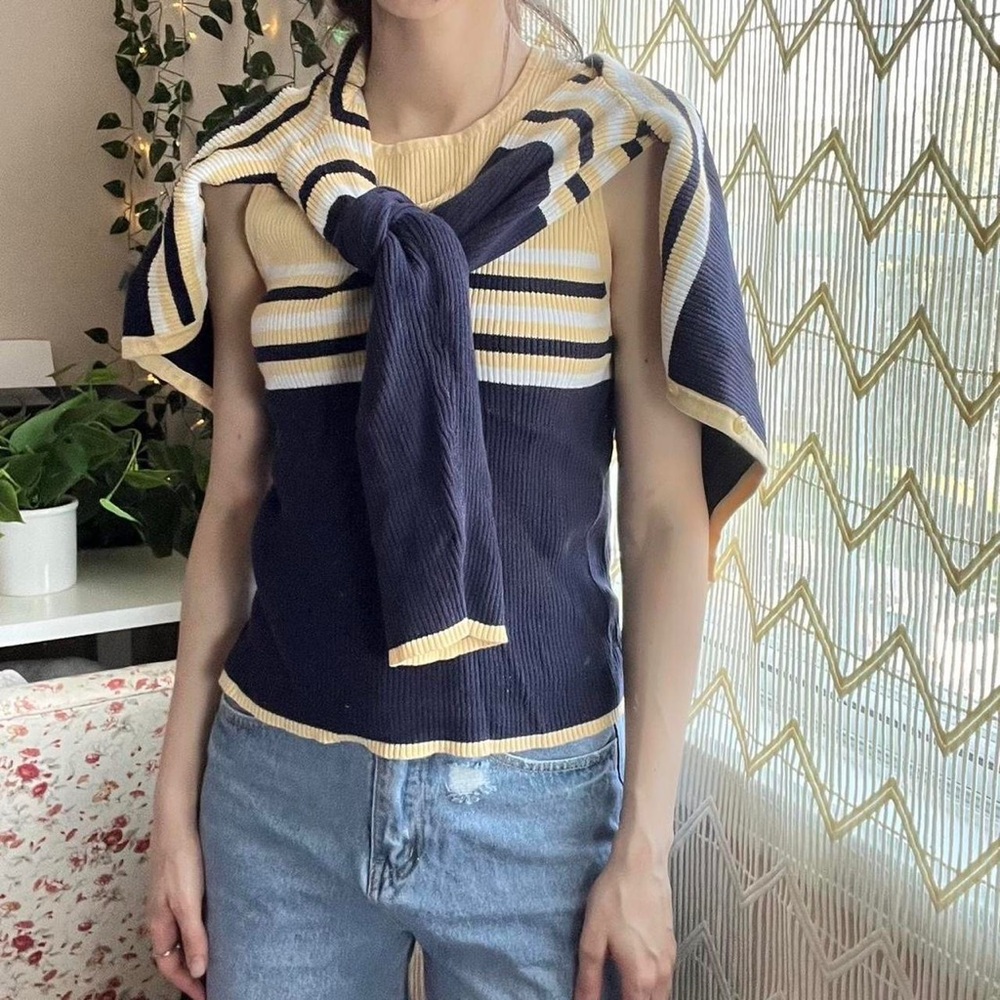Christopher + Banks Blue Yellow White Ribbed Cardigan and Tank Top Set
